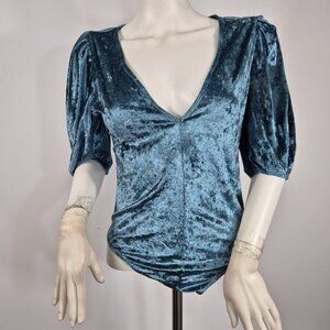 Free People Don’t You Wish Velvet Bodysuit Size S Deep Teal Puff Sleeve (40